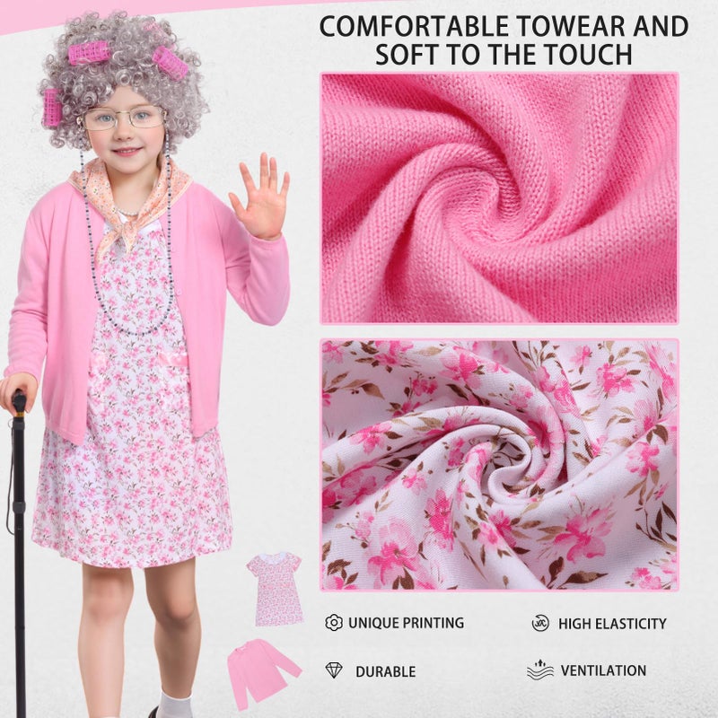 Kicpot Old Lady Costume for Girls Kids 100 Days School Grandma Costume (Pink  8-9Y) - Image 3